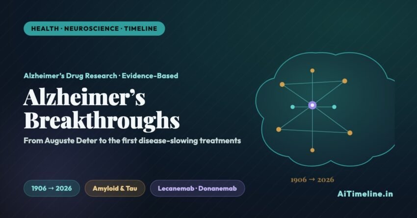 Alzheimers Drug Research Breakthroughs Timeline (1906-2026): a brain formed of a neuron network with gold amyloid plaques, marking the path from Auguste Deter to lecanemab and donanemab