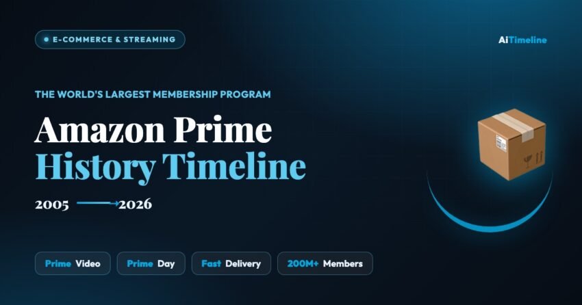 Amazon Prime history timeline cover — evolution of the world's largest membership program from 2005 to 2026, Prime Video, Prime Day and fast delivery