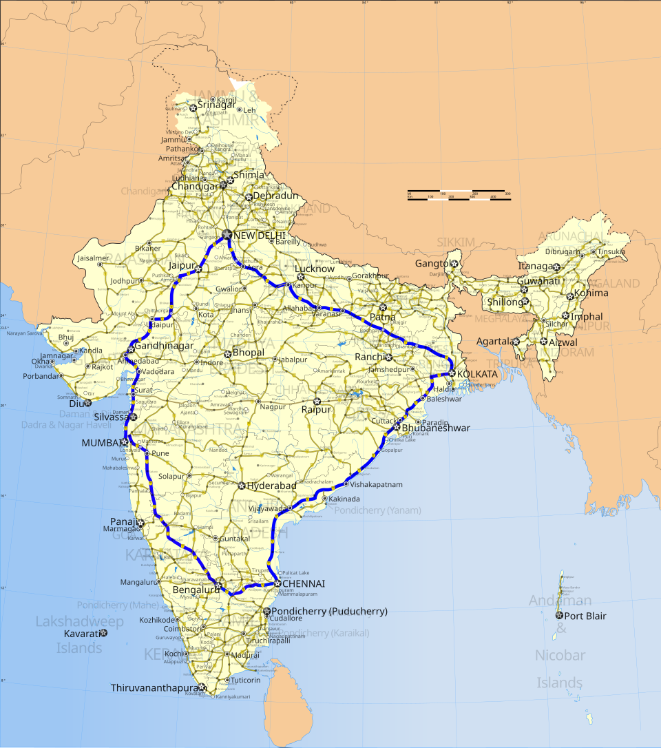 Map of India highlighting major routes, with New Delhi as the national capital