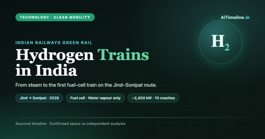 Hydrogen Trains in India Timeline: a green H2 molecule badge beside the title, marking India first fuel-cell hydrogen train on the Jind to Sonipat route launched in 2026