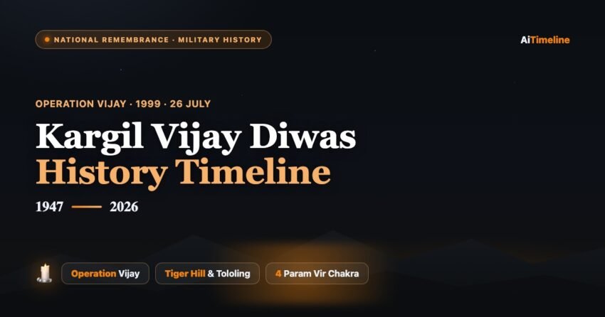 Kargil Vijay Diwas history timeline cover — Operation Vijay 1999, Kargil War heroes and India’s victory on 26 July