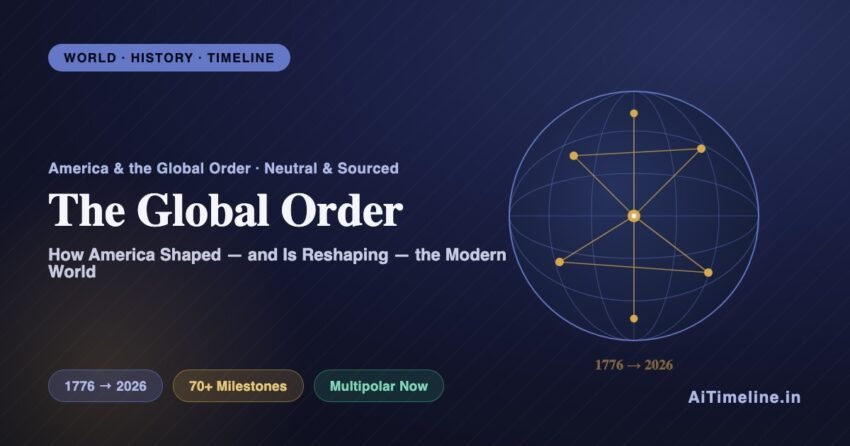 US Role in Global Order Timeline (1776-Present): globe with a network of alliances and institutions representing the international order