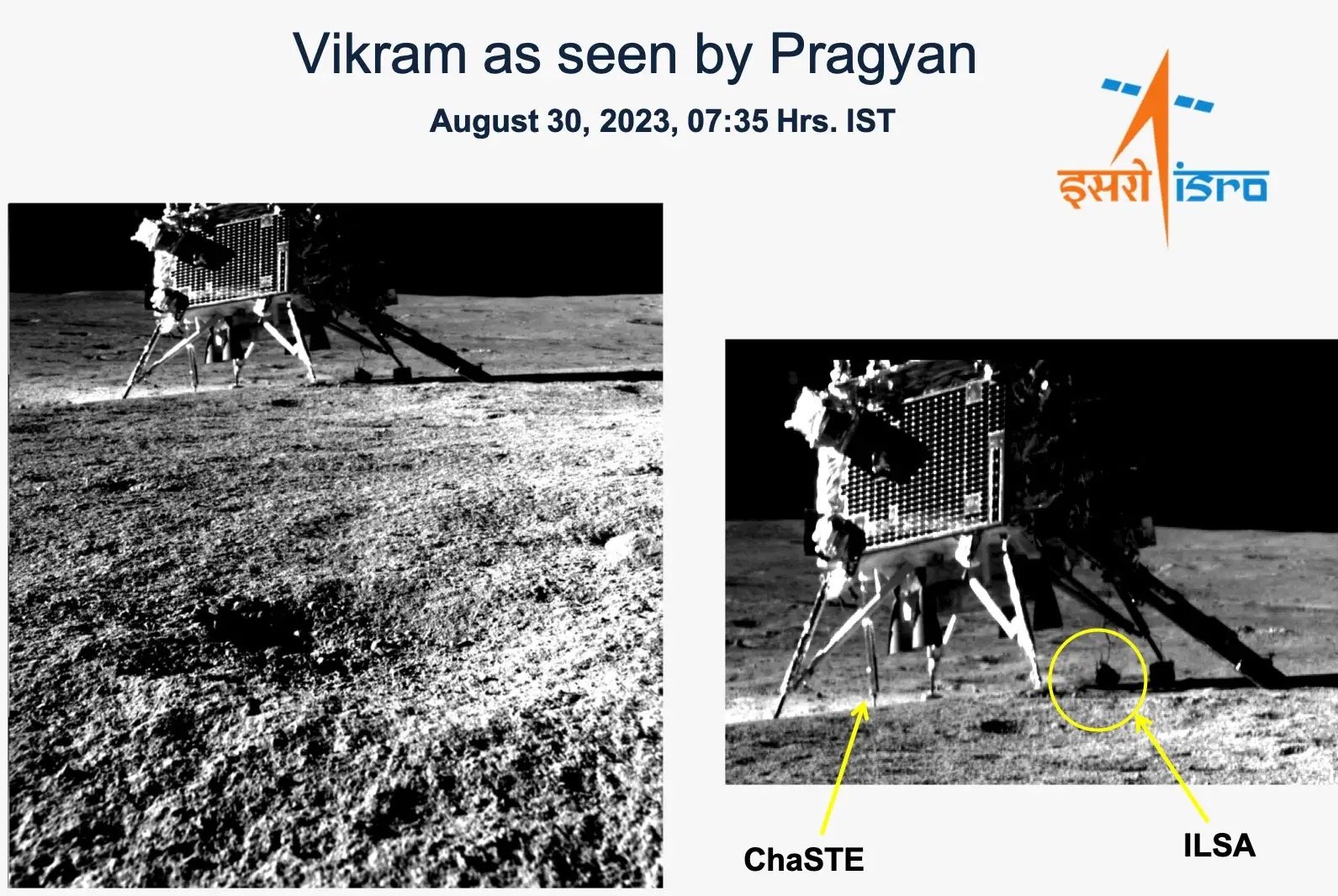Chandrayaan-3 Vikram lander on the lunar surface, photographed by the Pragyan rover on August 30, 2023