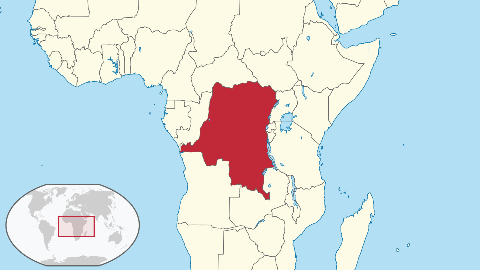 Locator map showing the Democratic Republic of the Congo and its neighboring countries in Central and East Africa, including Uganda