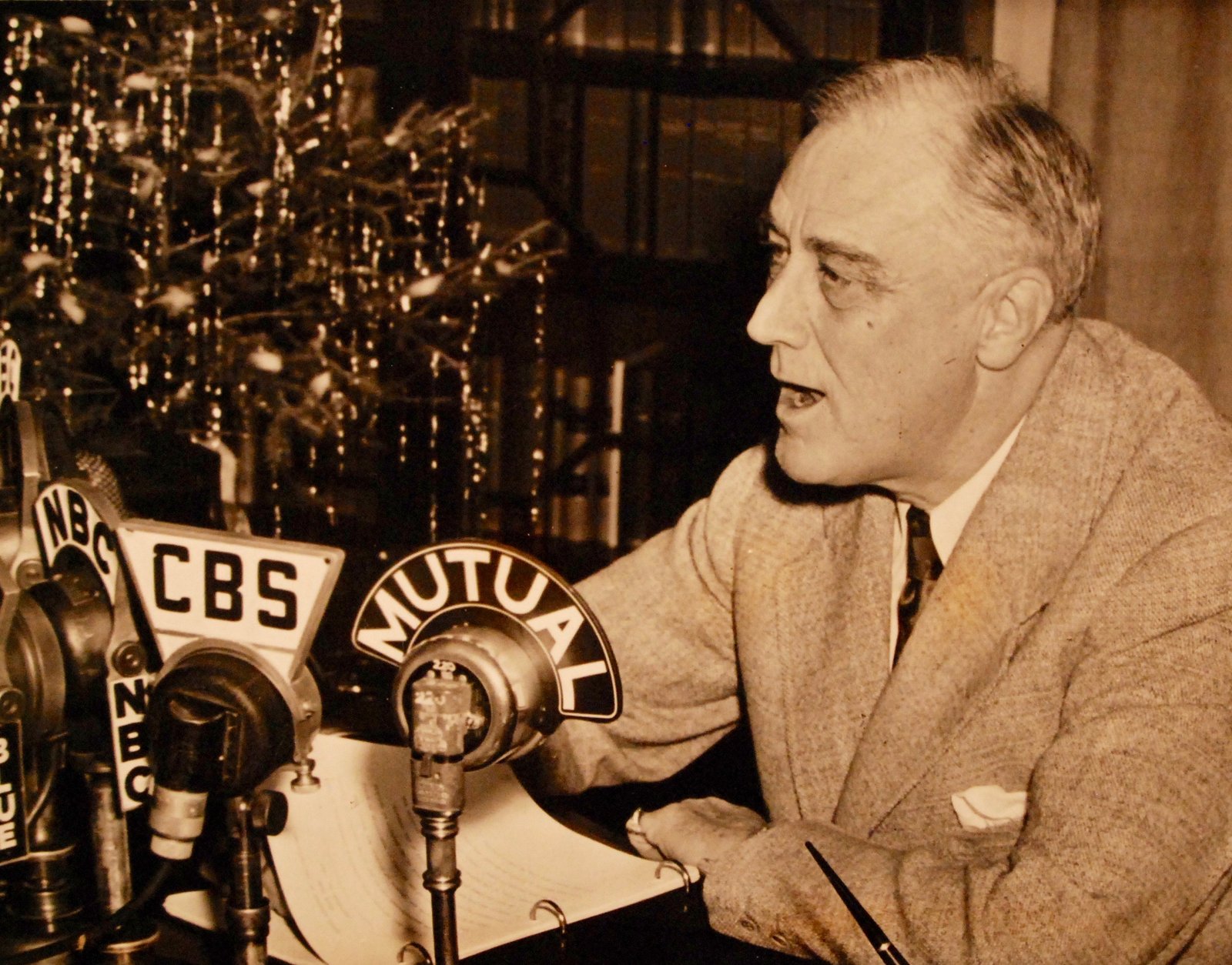 President Franklin D. Roosevelt delivers a fireside chat radio broadcast, December 24, 1943