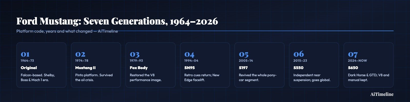 Ford Mustang seven generations timeline infographic 1964 to 2026
