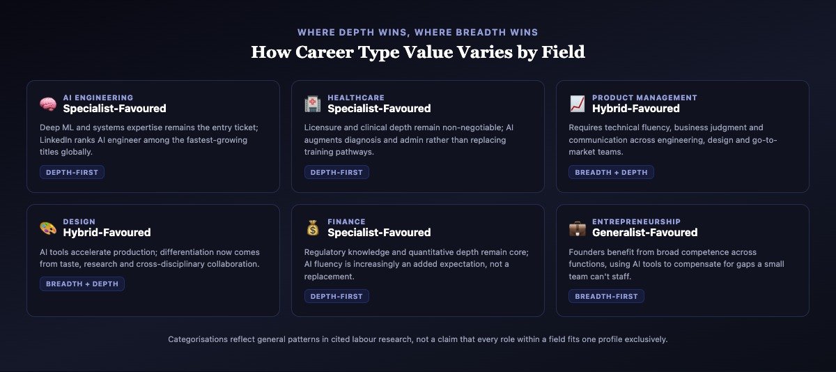 Grid of six cards showing which industries favour specialist, hybrid or generalist career profiles