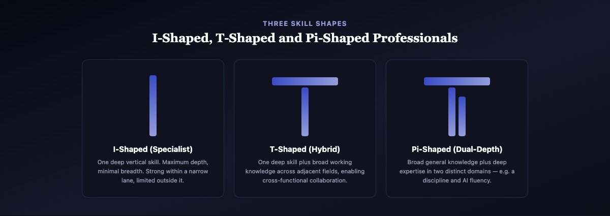 Diagram comparing I-shaped specialist, T-shaped hybrid and Pi-shaped dual-depth professional skill profiles