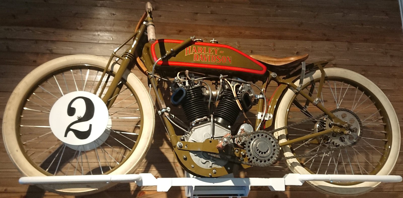A 1924 Harley-Davidson FHA 8-Valve board-track racing motorcycle, the type ridden by the factory Wrecking Crew