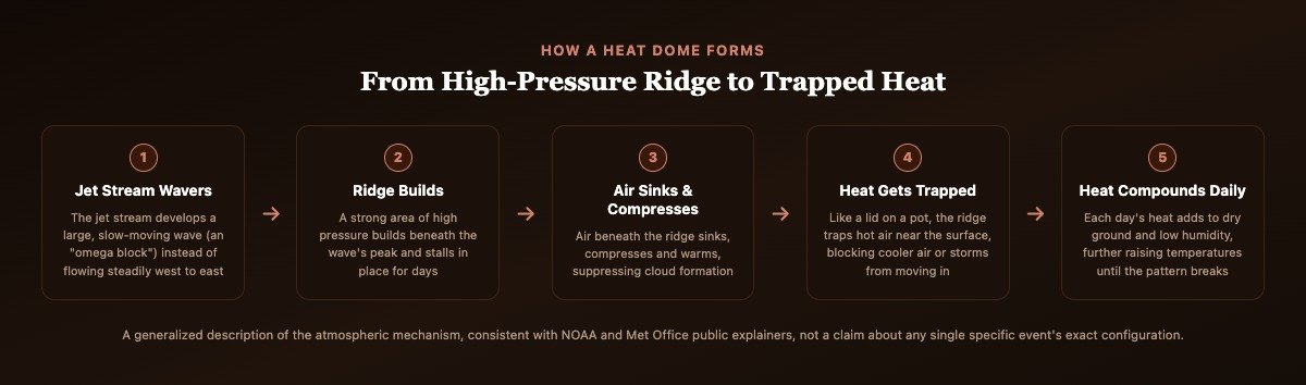 Five-step diagram showing how a heat dome forms, from a wavering jet stream to a stalled high-pressure ridge trapping surface heat