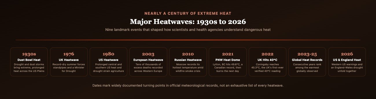 Horizontal timeline graphic showing nine major heatwaves from the 1930s Dust Bowl to the 2026 Western US and England heat events