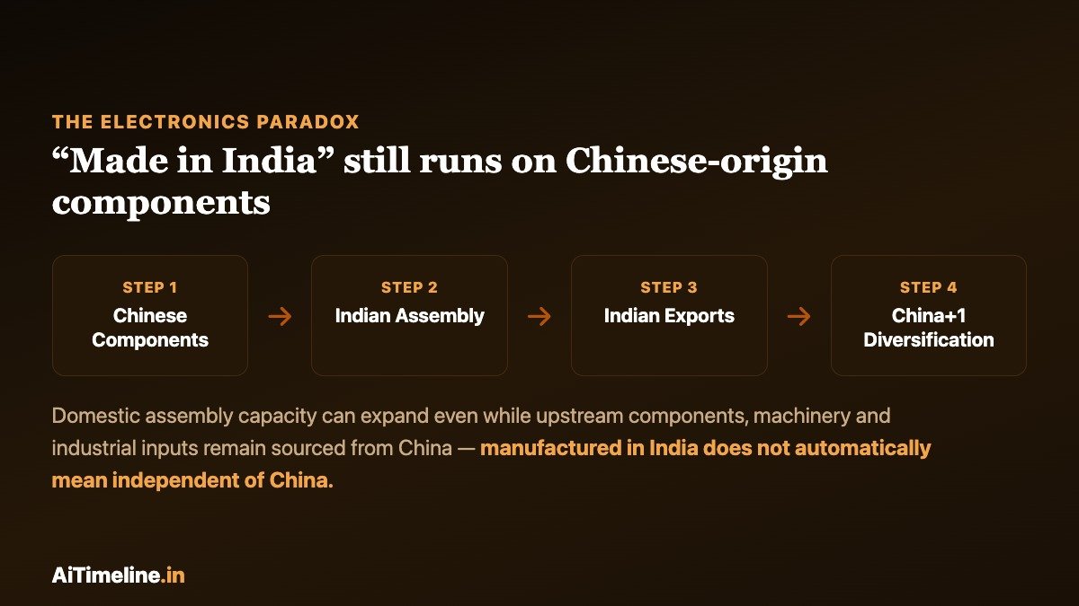 Chain graphic showing Chinese components flowing into Indian assembly, Indian exports, and China+1 diversification