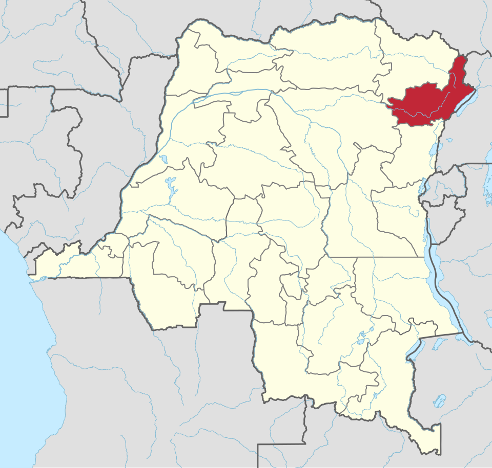 Map of the Democratic Republic of the Congo highlighting Ituri Province in the country's northeast, on the border with Uganda