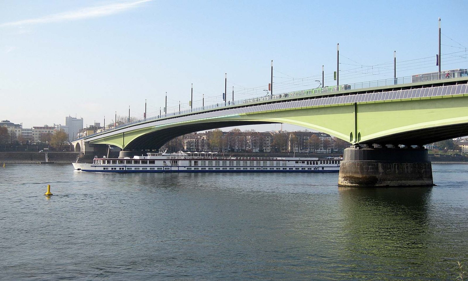 Solar panels installed on the south side of the Kennedybrücke bridge over the Rhine in Bonn, Germany