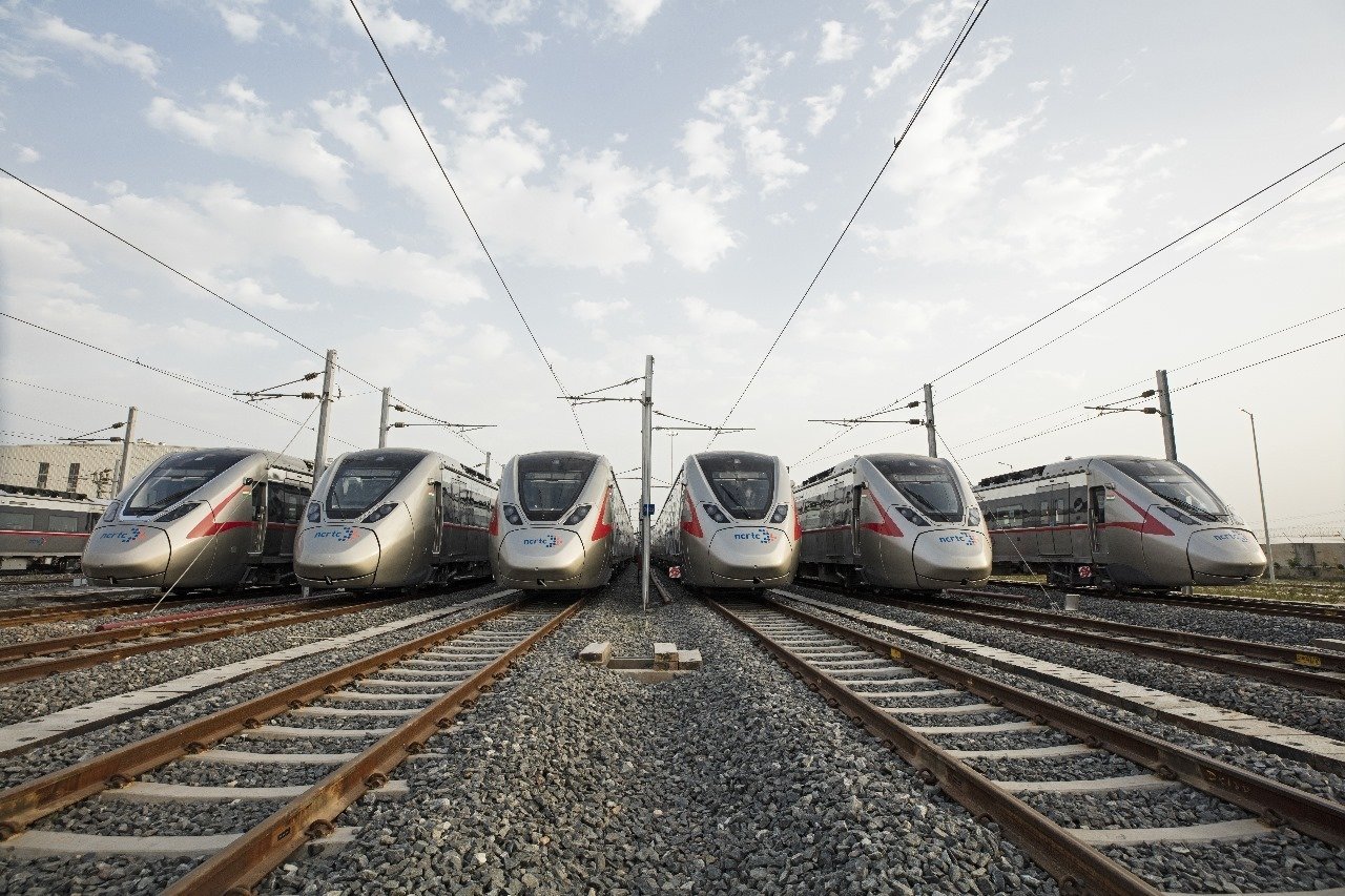 Namo Bharat RRTS trainsets lined up at an NCRTC depot