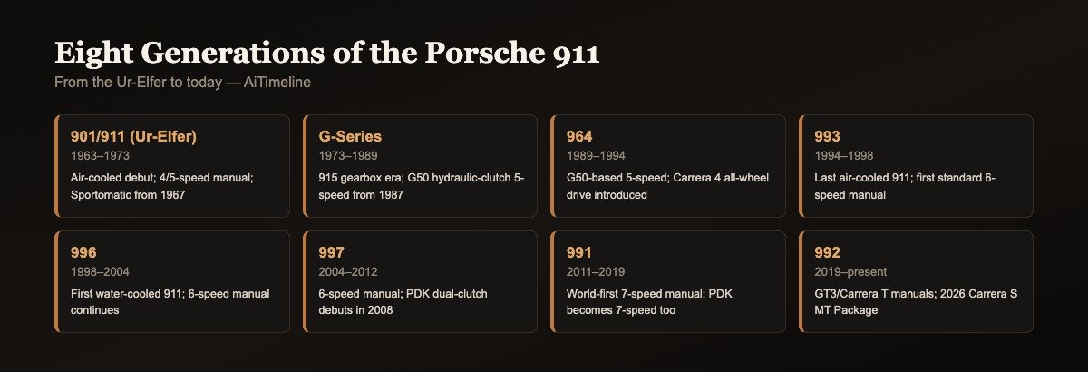 Grid graphic summarizing all eight Porsche 911 generations from the 901/911 Ur-Elfer to the current 992
