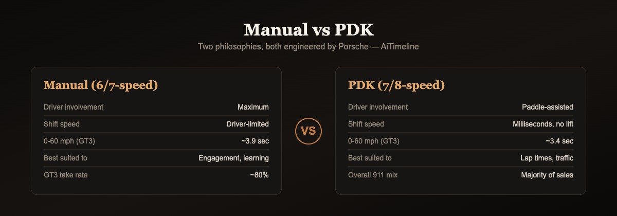 Side by side comparison graphic of Porsche manual transmission versus PDK dual-clutch transmission