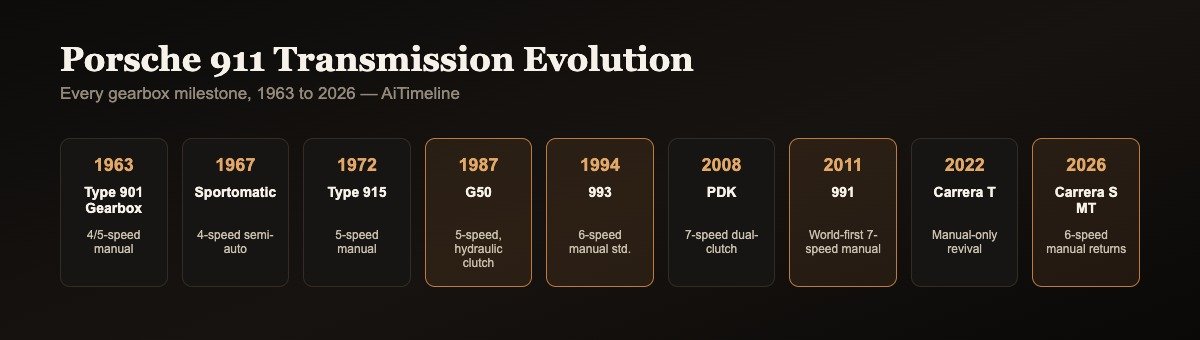 Timeline graphic showing every Porsche 911 transmission milestone from the 1963 Type 901 gearbox to the 2026 Carrera S MT Package