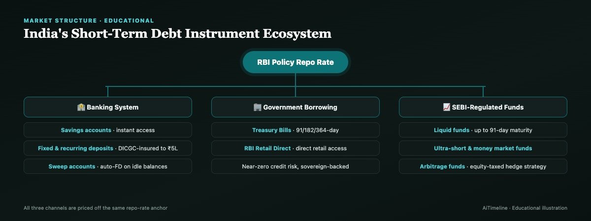 Diagram showing India's short-term debt instrument ecosystem including RBI, banks, Treasury Bills, liquid funds and money market instruments
