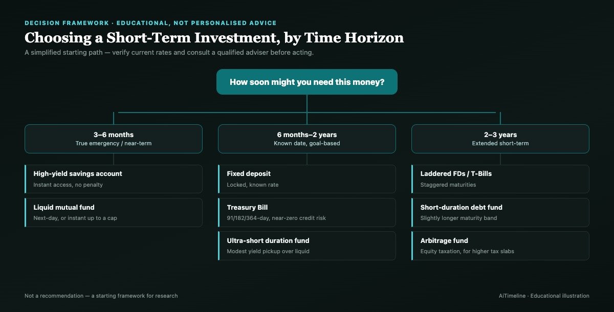 Decision tree infographic showing how to choose between savings account, fixed deposit, treasury bill, liquid fund and ultra short duration fund based on time horizon and liquidity need