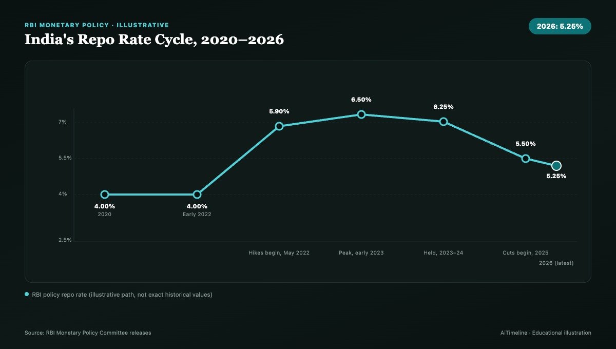Illustration of India's interest rate cycle from 2020 to 2026 showing RBI repo rate cuts, hikes and the current 5.25 percent level