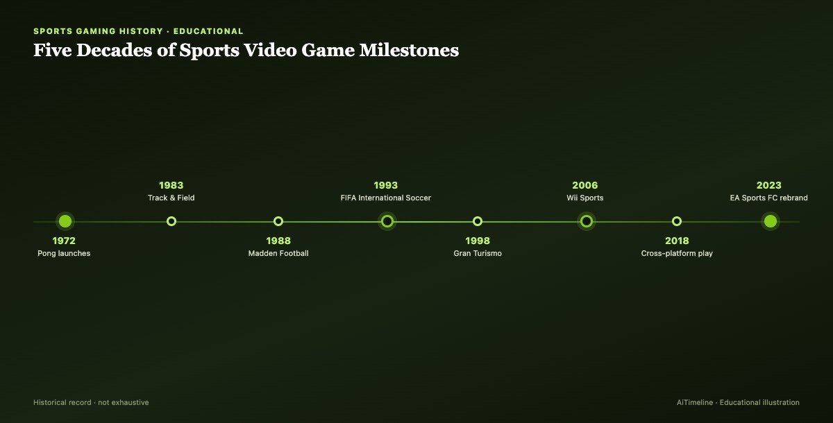 Timeline infographic of sports video game history from Pong in 1972 through the 2026 era of AI-assisted gameplay