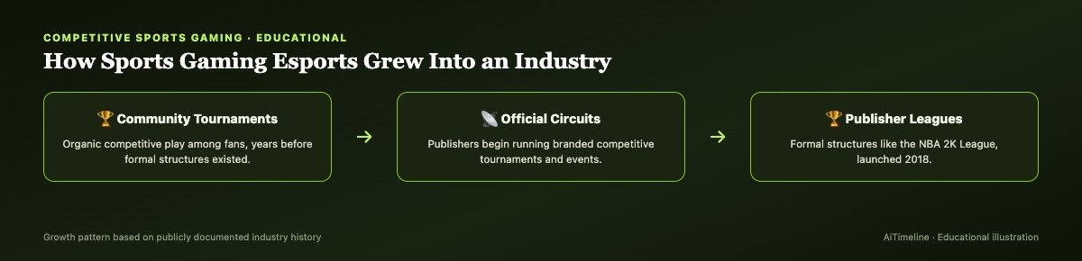 Diagram of the esports ecosystem for sports video games showing publisher leagues, competitive circuits and player pathways