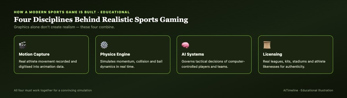 Diagram showing how motion capture, physics engines, AI and licensing combine to create a modern sports video game