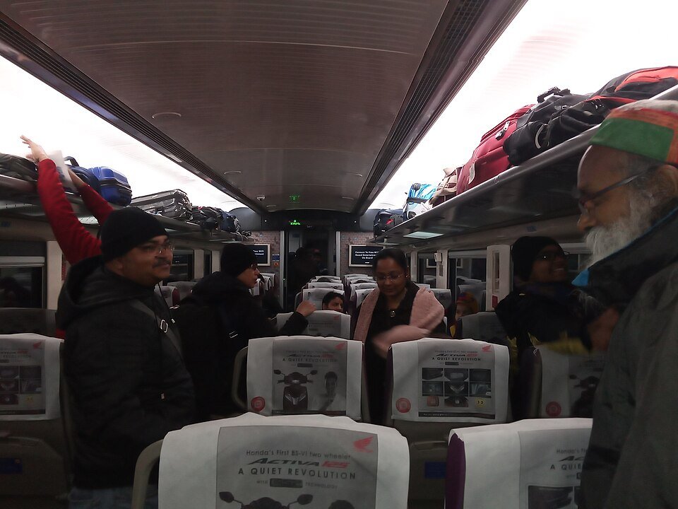 Interior of a Vande Bharat Express chair-car cabin