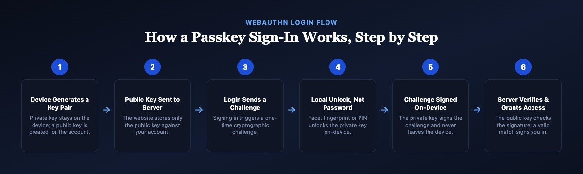 Diagram showing the six-step WebAuthn login flow: key pair generation, public key registration, login challenge, local biometric unlock, on-device signing, and server verification