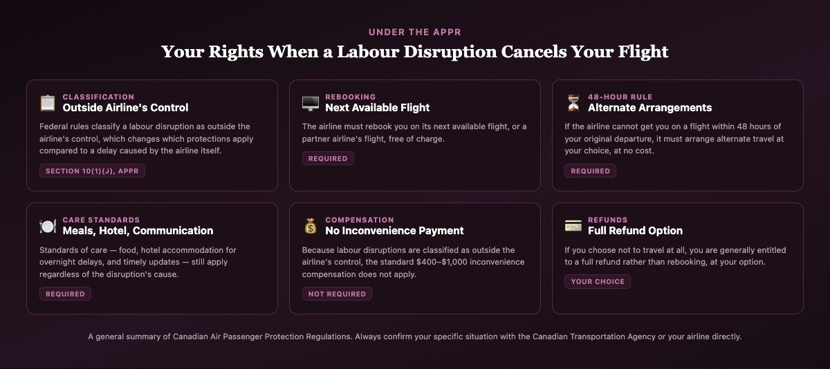 Grid of six cards summarizing Canadian passenger rights during a labour disruption: rebooking, the 48-hour rule, care standards, no inconvenience compensation, and refund options