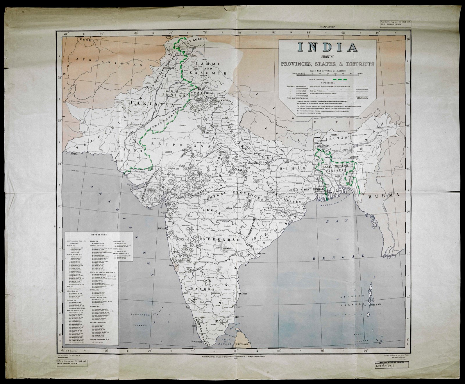 1947 Survey of India map showing British Indian provinces alongside the princely states, including Hyderabad, Jammu and Kashmir, and the smaller Rajputana and Kathiawar states