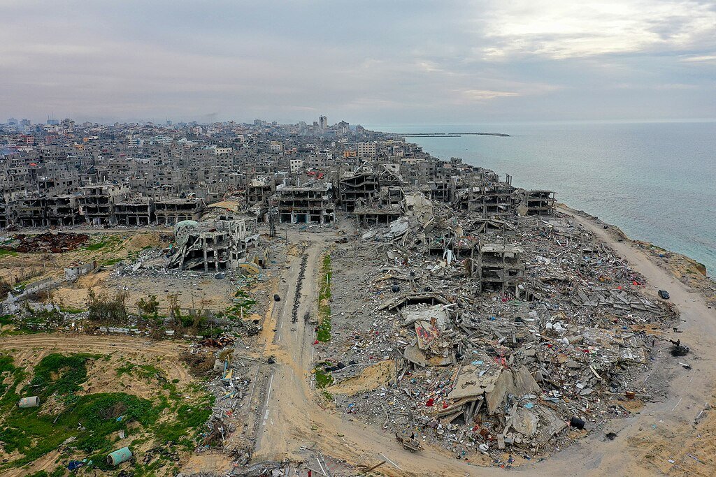Aerial view of destruction in Beach refugee camp, Gaza City, July 2024, looking south along the coast