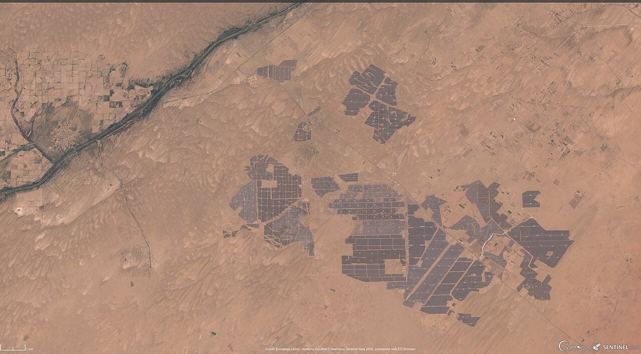 Bhadla Solar Park in Rajasthan seen from space on 20 May 2020, one of the world's largest solar parks