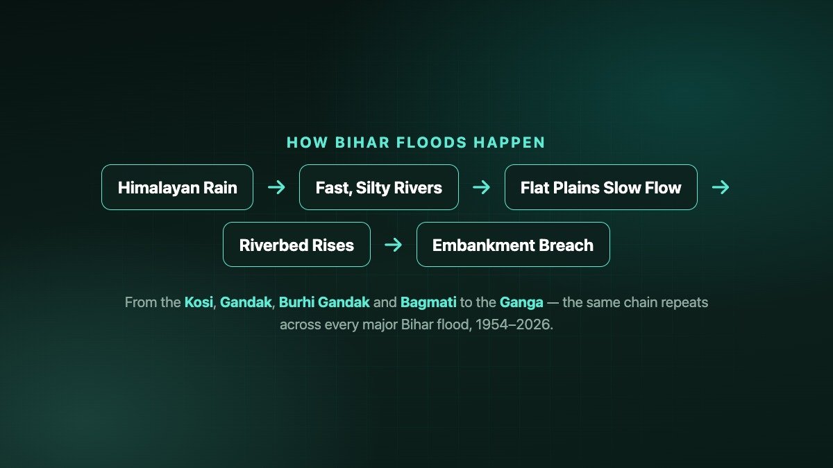 Explainer graphic showing how Bihar's Himalayan-origin rivers, Kosi, Gandak, Burhi Gandak and Bagmati, feed into the Ganga across the flat plains of north Bihar