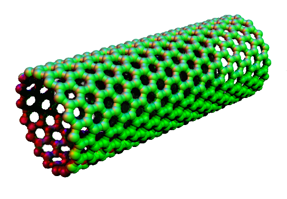 A computer model of a single-walled carbon nanotube, a rolled sheet of carbon atoms