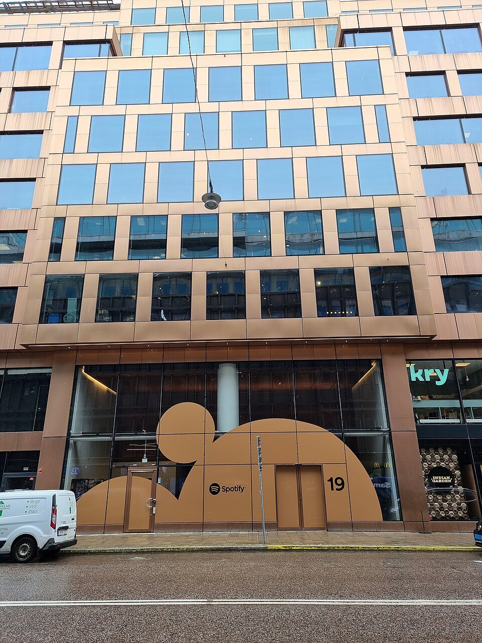 Spotify's Stockholm headquarters building, marking the streaming era that overtook CD and download revenue