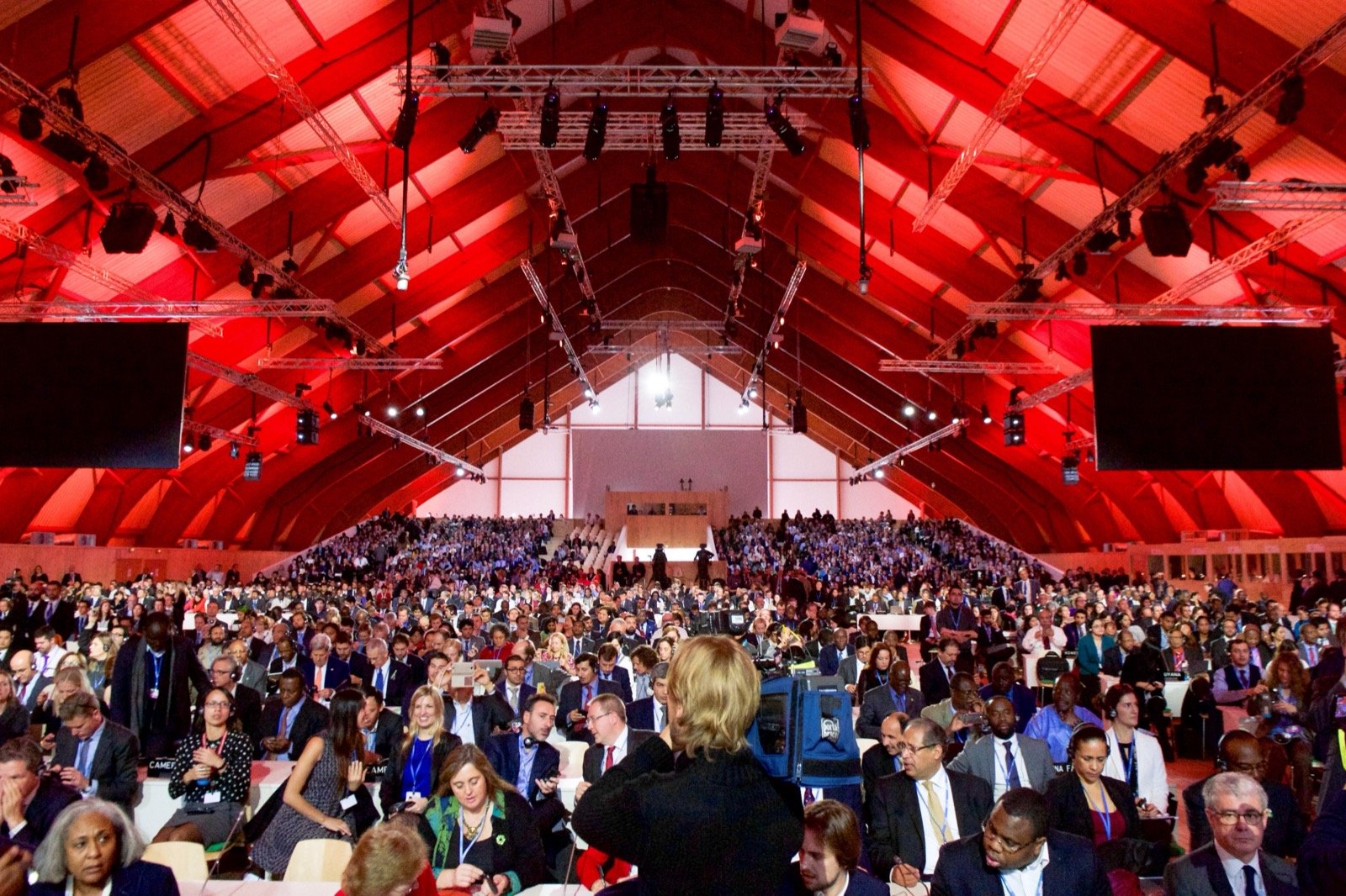 Delegates assemble in the plenary hall at the COP21 Paris climate conference, December 2015