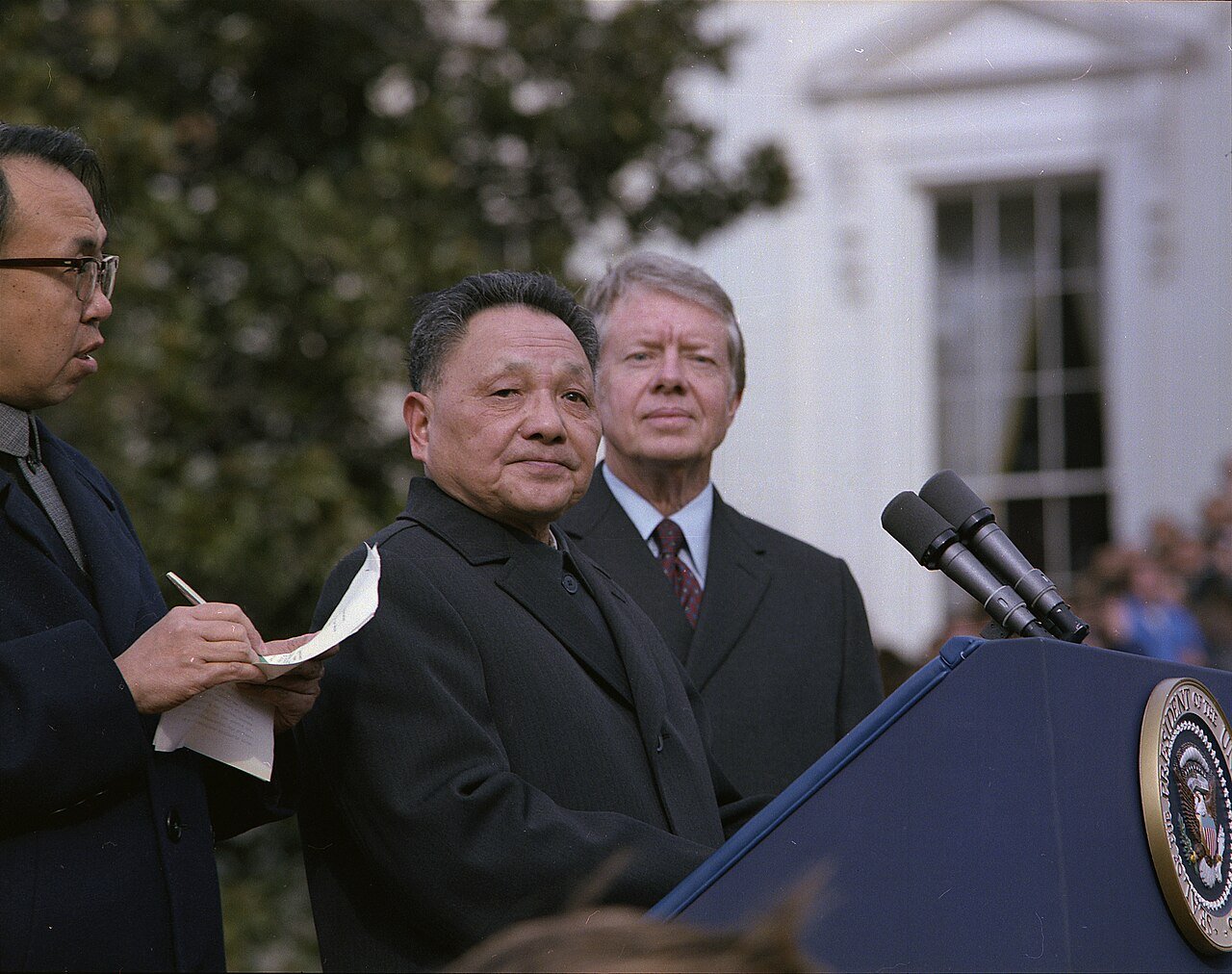 Deng Xiaoping and Jimmy Carter at the White House arrival ceremony on 29 January 1979, four weeks after diplomatic recognition