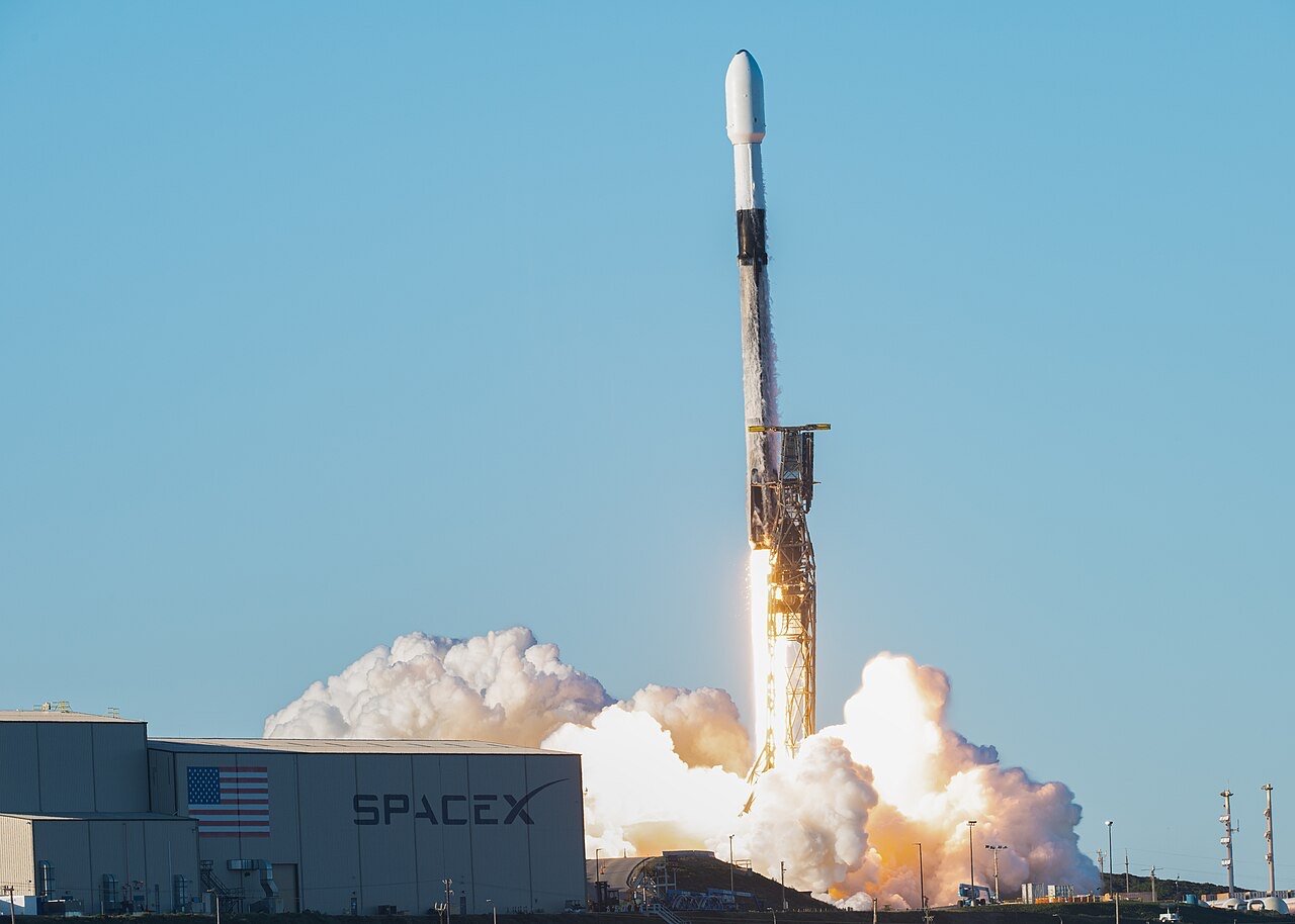 A SpaceX Falcon 9 lifting off from Space Launch Complex 4E at Vandenberg, California, the pad Drishti left from in May 2026 (this photo: the USSF-62 launch, April 2024)