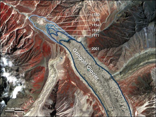 Retreat of the Gangotri Glacier terminus in Uttarakhand, 1780 to 2001, mapped by NASA over a satellite image