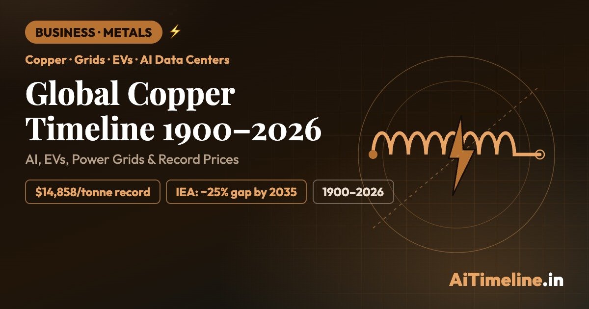 Copper cables branching toward a power grid, an electric vehicle, a data center, solar panels, a wind turbine and a home, illustrating global copper demand in 2026