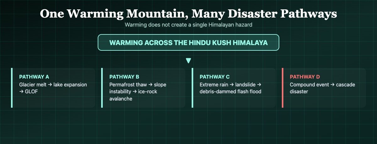 Diagram of Himalayan warming feeding four separate hazard pathways: glacial lake outburst floods, ice-rock avalanches, landslide-dammed floods and compound cascade events