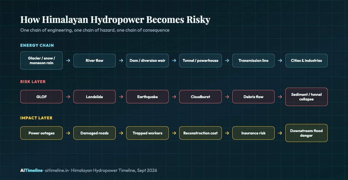 Visual explainer showing how Himalayan hydropower projects turn mountain rivers into electricity while facing glacier flood, landslide and tunnel risks