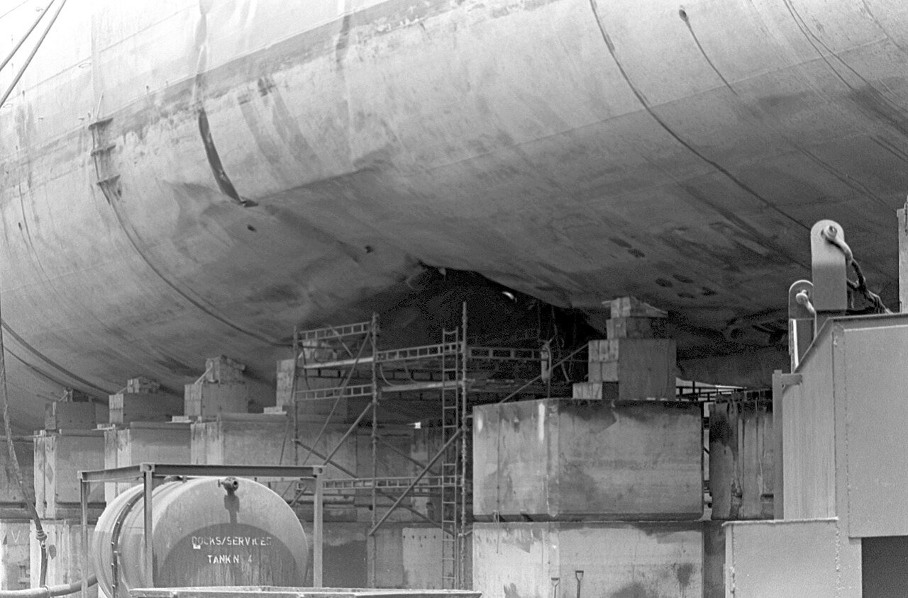 Mine damage to the hull of the frigate USS Samuel B. Roberts in dry dock, 1988