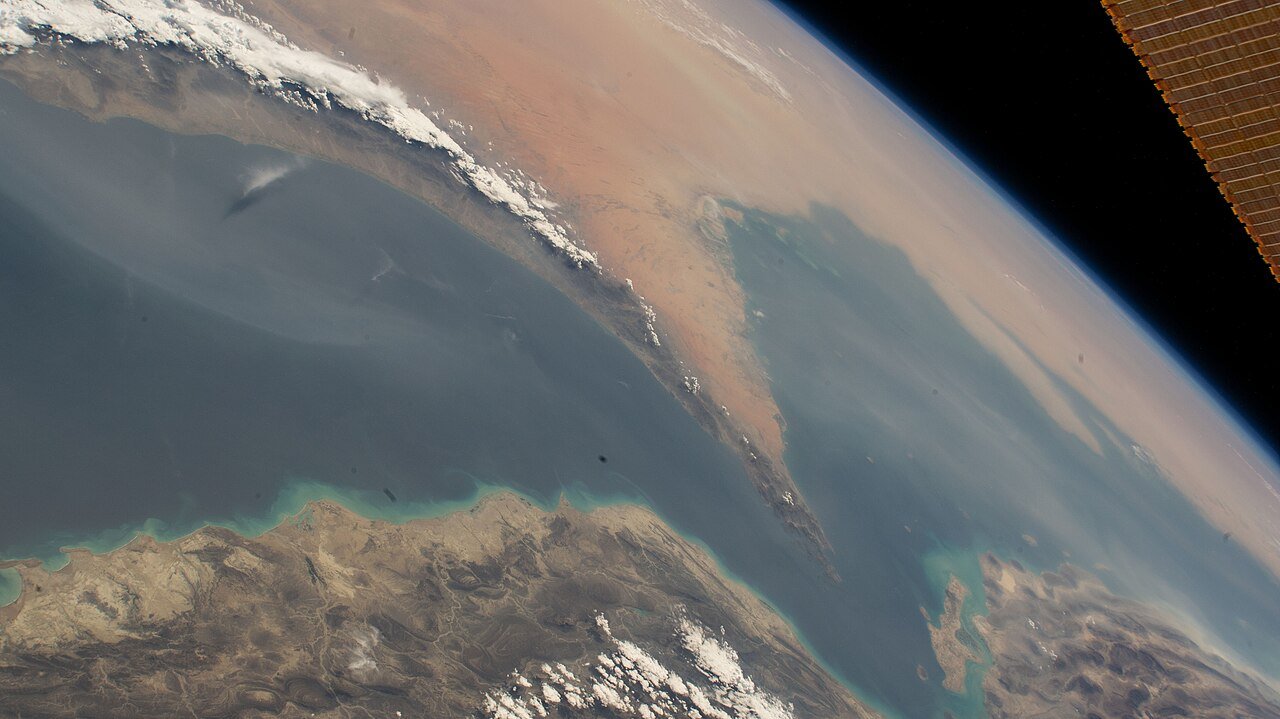 The Strait of Hormuz between Iran and the Musandam Peninsula of Oman, photographed from the International Space Station