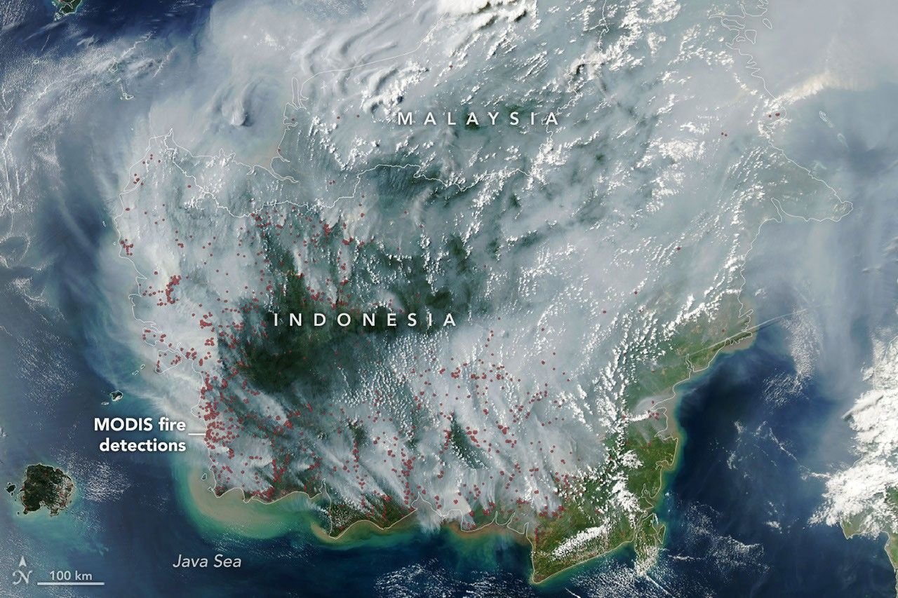 NASA satellite image showing MODIS fire detections and smoke haze over Kalimantan, Indonesia