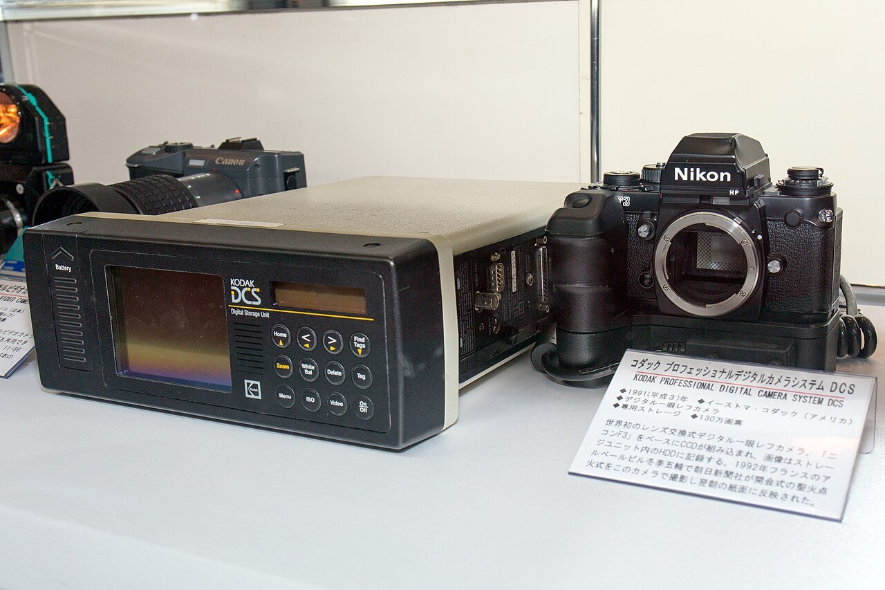 Kodak DCS professional digital camera system with its storage unit and a Nikon F3 body