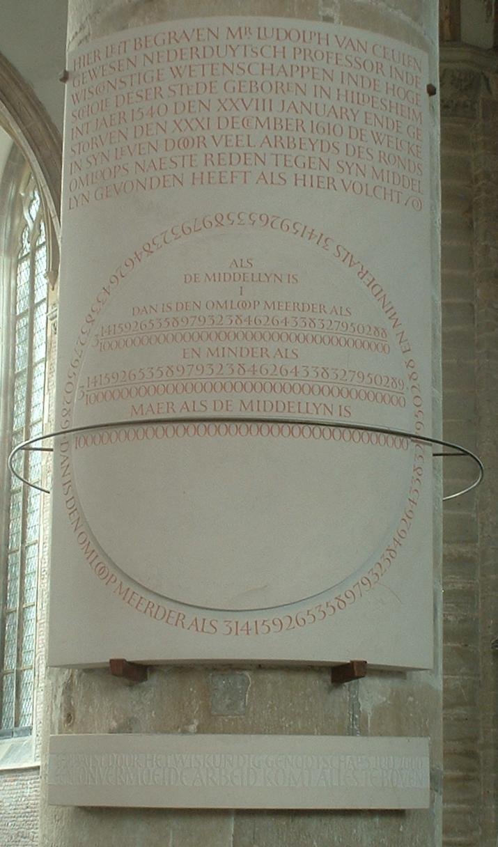 Memorial to Ludolph van Ceulen in the Pieterskerk, Leiden: a copy of his lost tombstone giving pi to 35 decimals