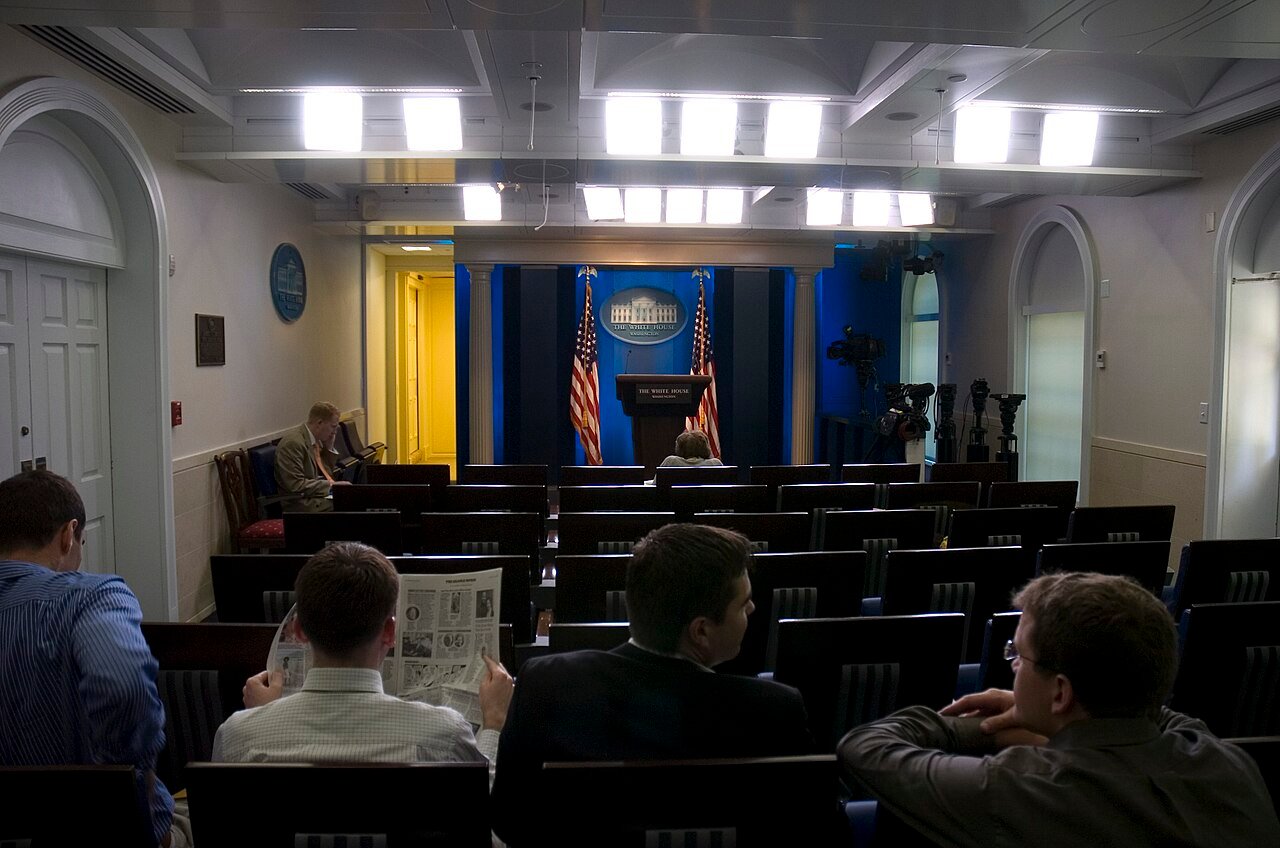 Reporters seated in the James S. Brady Press Briefing Room at the White House